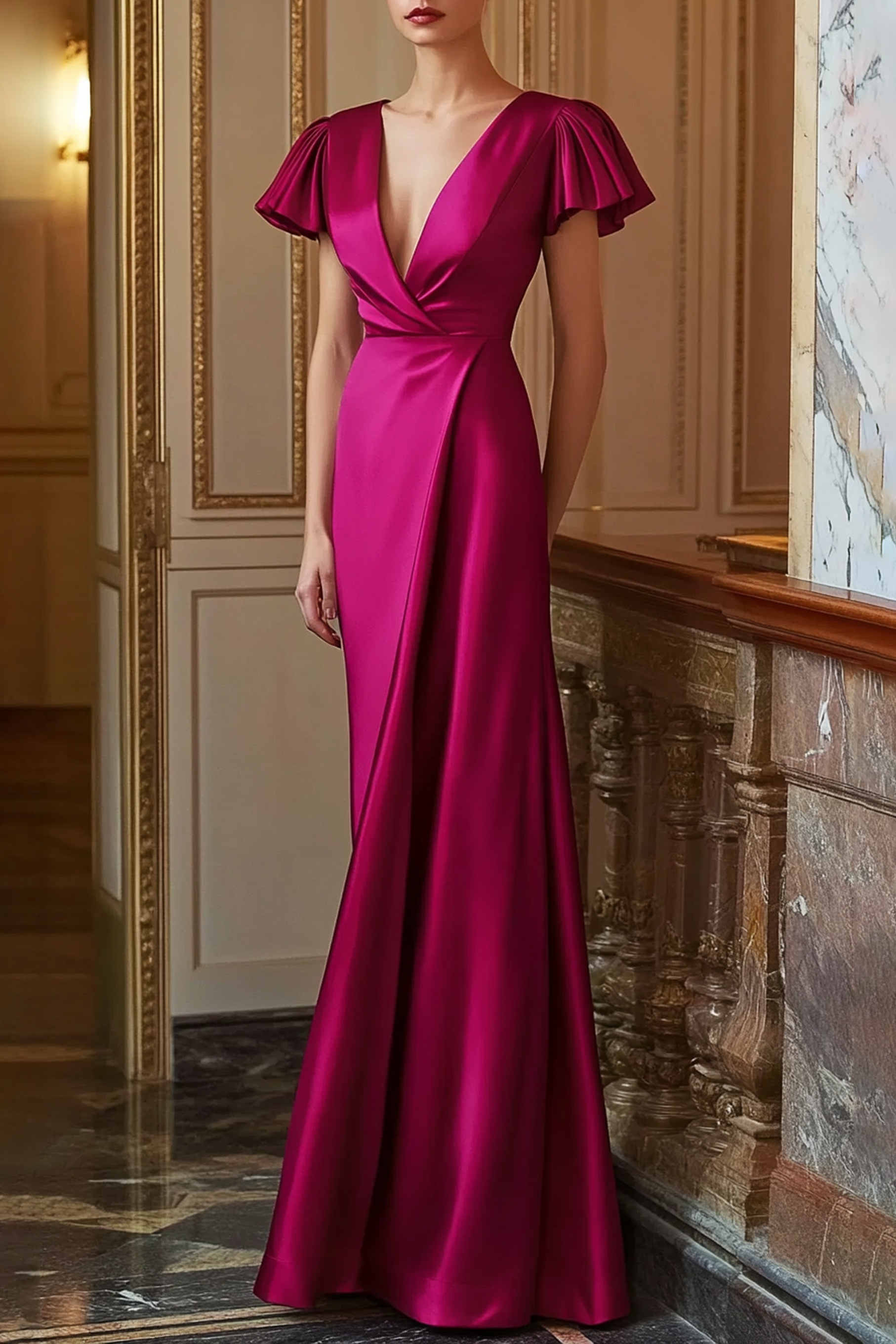 Formal Evening Dress Fuchsia Deep V Satin Floor Dress