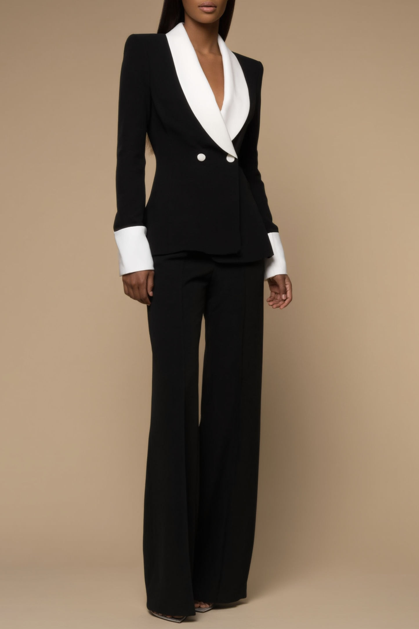 Work Formal Suit Set Black White Lapel Straight Leg Pantsuit