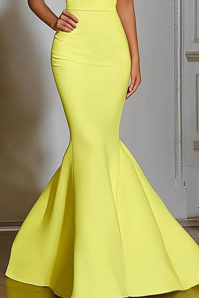 Formal Evening Dress Yellow Sleeveless V-Neck Mermaid Floor-Length Gown