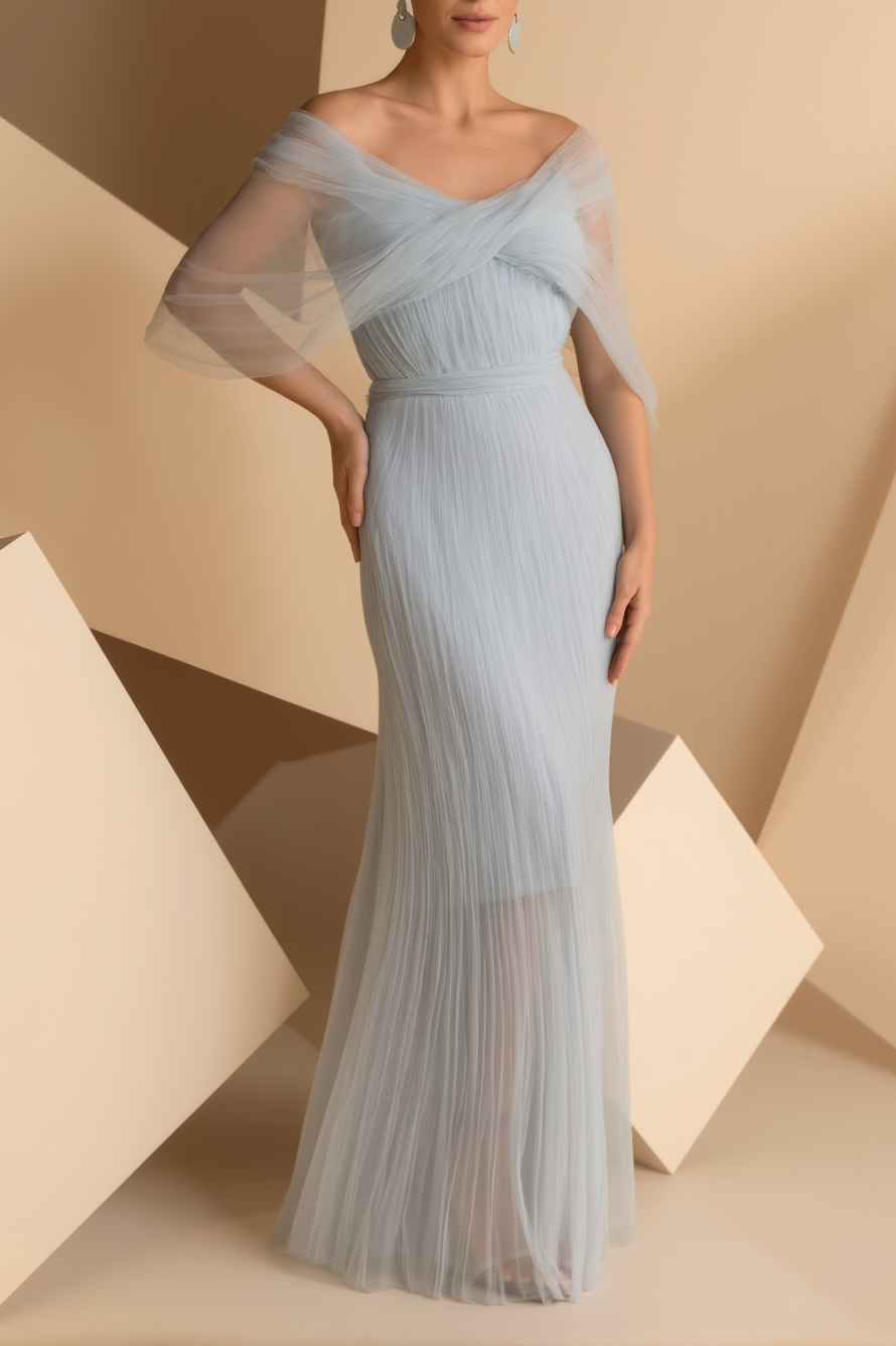 Wedding Guest Party Dress Light Blue Mesh Off Shoulder Floor Dress