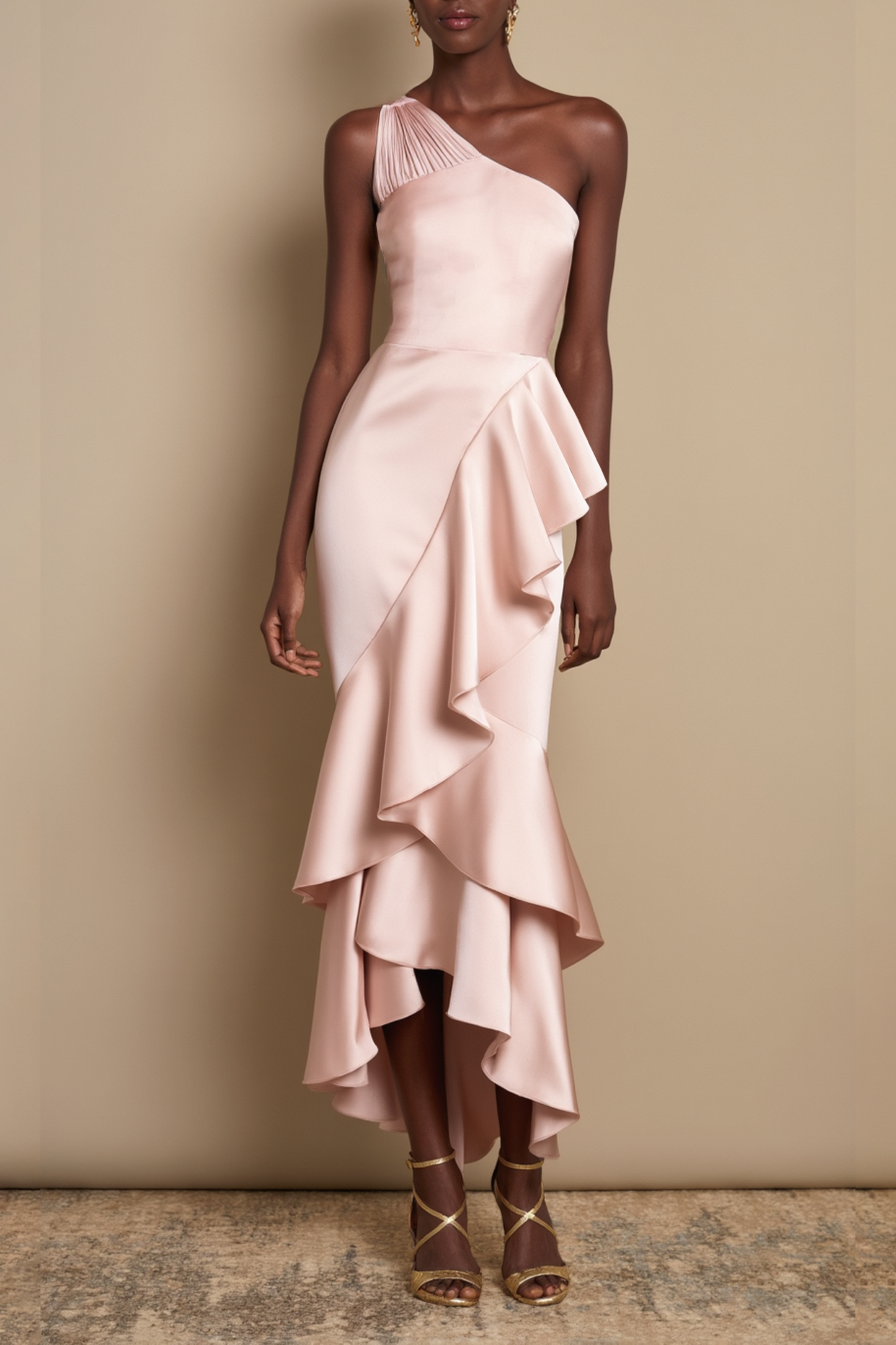 Party Dress Light Pink Satin One Shoulder Ruffle Midi Dress