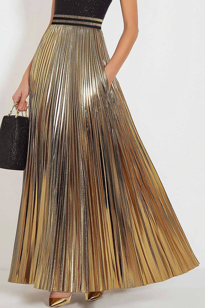 Daily Evening Shiny Dress Pleated Pearl Black and Gold Matching Maxi Dress