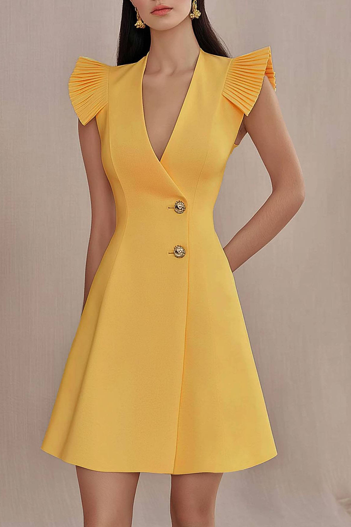 Yellow mini blazer dress with deep V and pleated sleeves