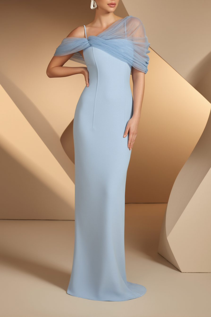 Formal Evening Gown Light Blue Mesh Spaghetti Strap Floor-Length Dress