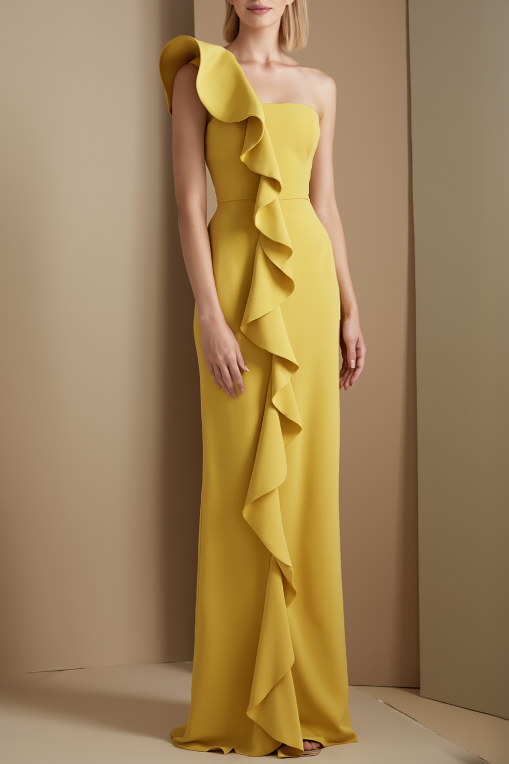 Formal Evening Gown Yellow One Shoulder Ruffle Floor-Length Dress