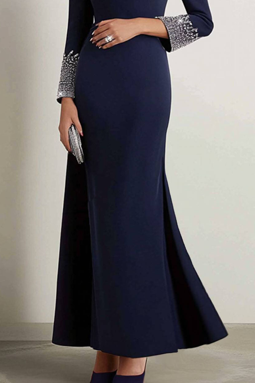 Elegant Mermaid Dress Navy Boat Neck Rhinestone Maxi Dress