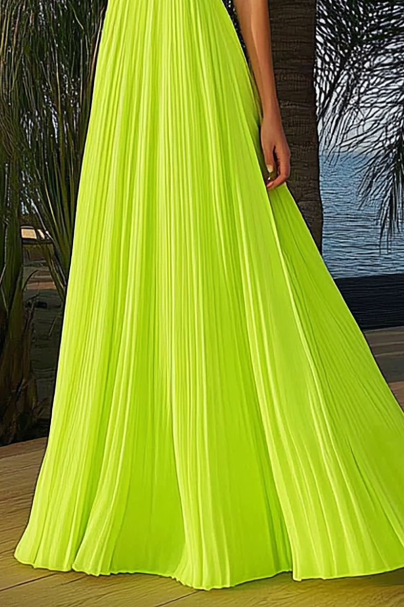 Vacation Halter Dress Neon Green Pleated Floor-Length Dress
