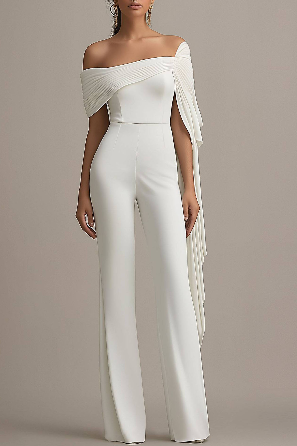 Formal Off-Shoulder White Draped Wide-Leg Jumpsuit