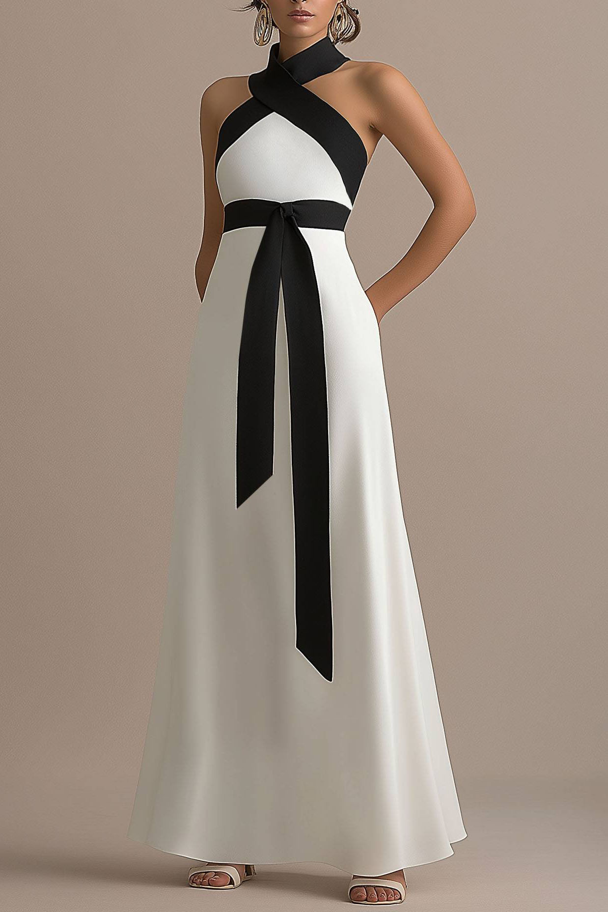 Formal Black and White Halter Cross-Neck Maxi Dress