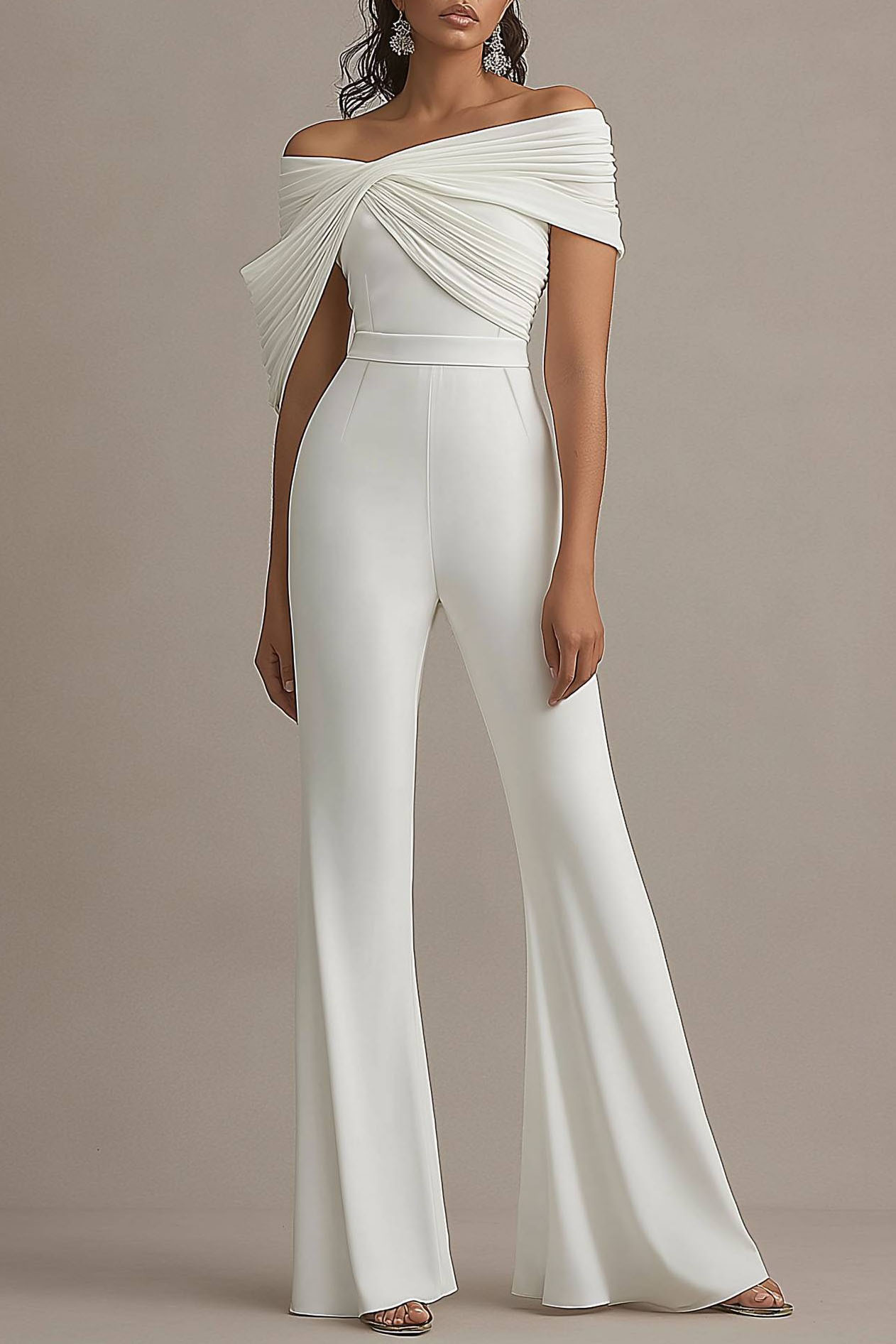 Formal Evening White Draped Flared-Leg Jumpsuit