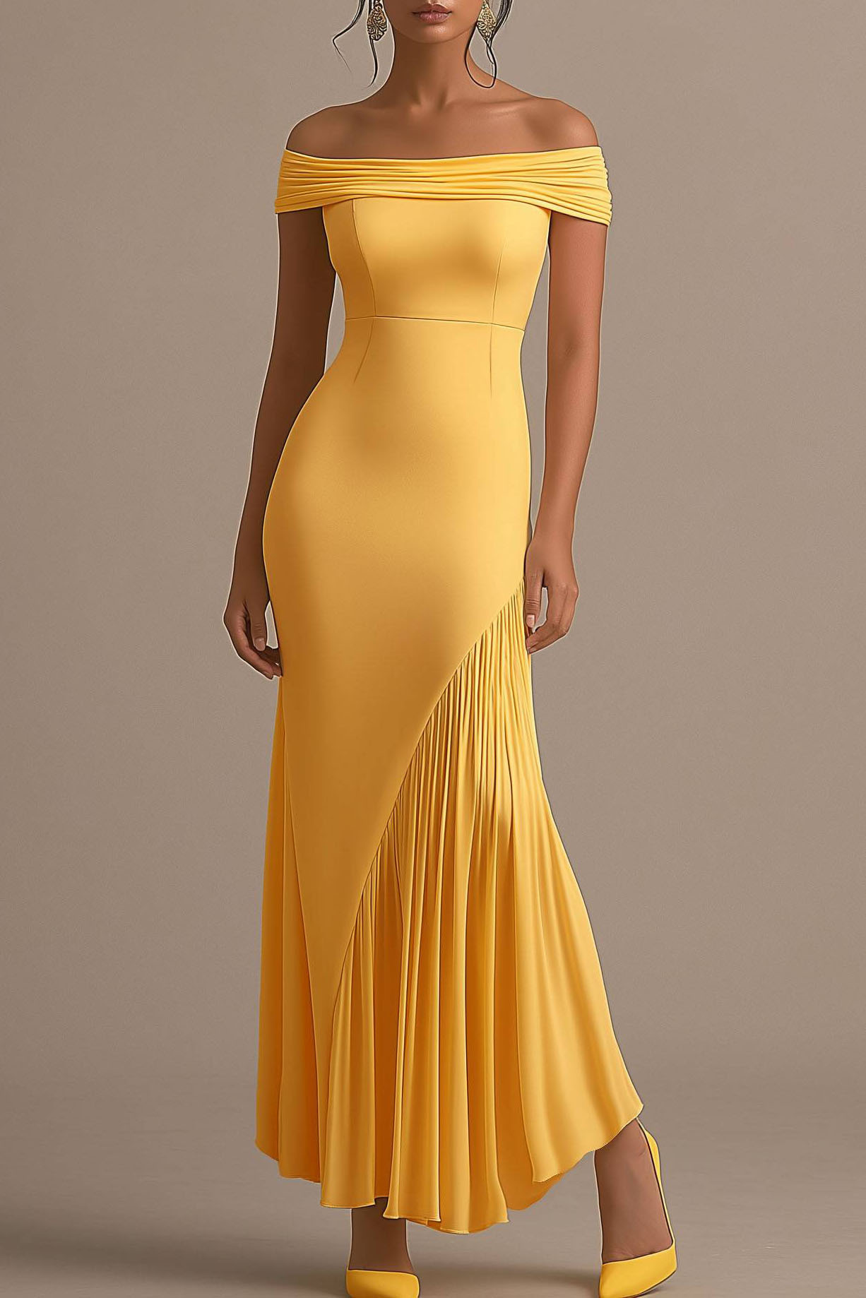 Semi-Formal Party Mustard Yellow Off Shoulder Maxi Dress