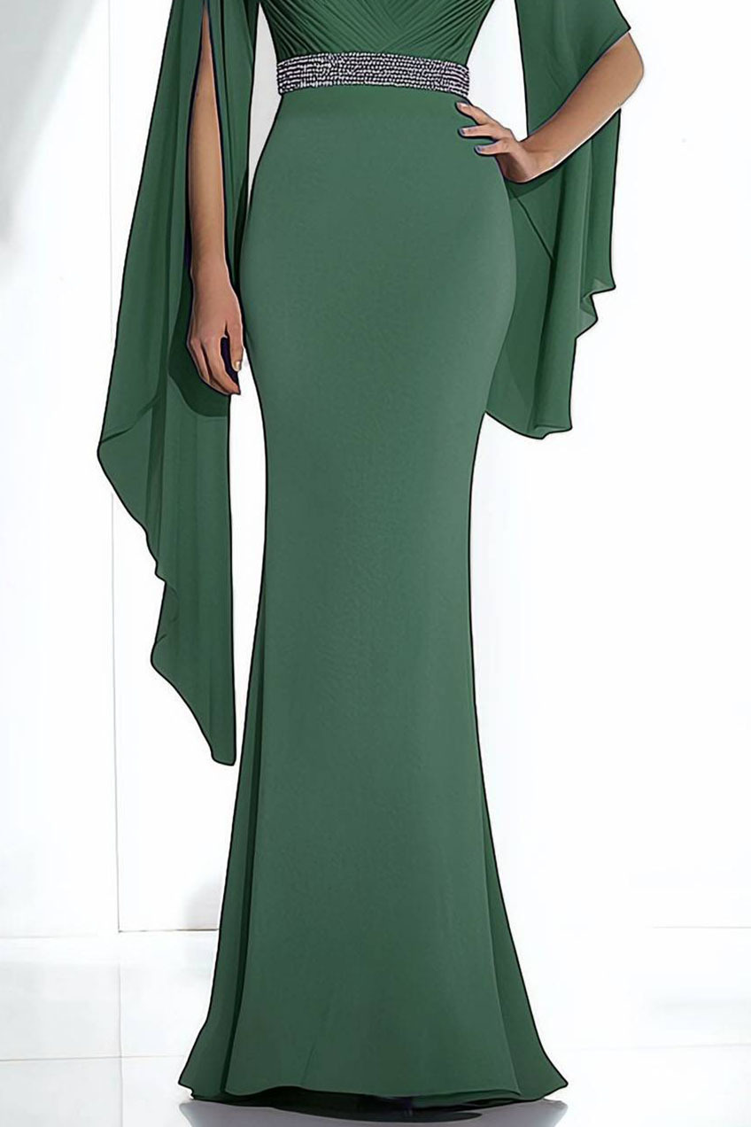 Elegant Green Dress Deep V-Neck Draped Cape Sleeve Long Dress