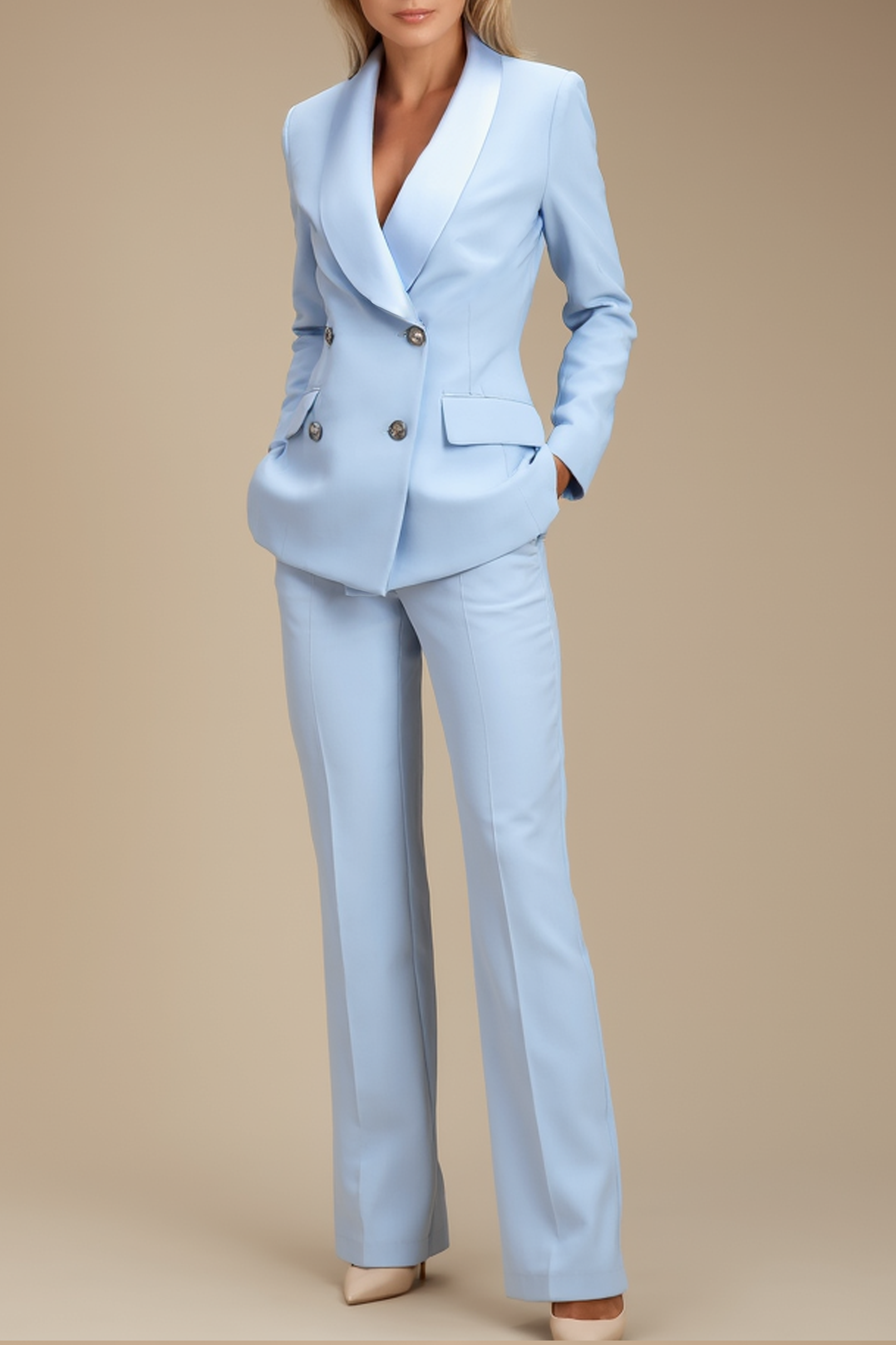 Work Formal Blazer Suit Set Light Blue Pocketed Straight-Leg Pantsuit