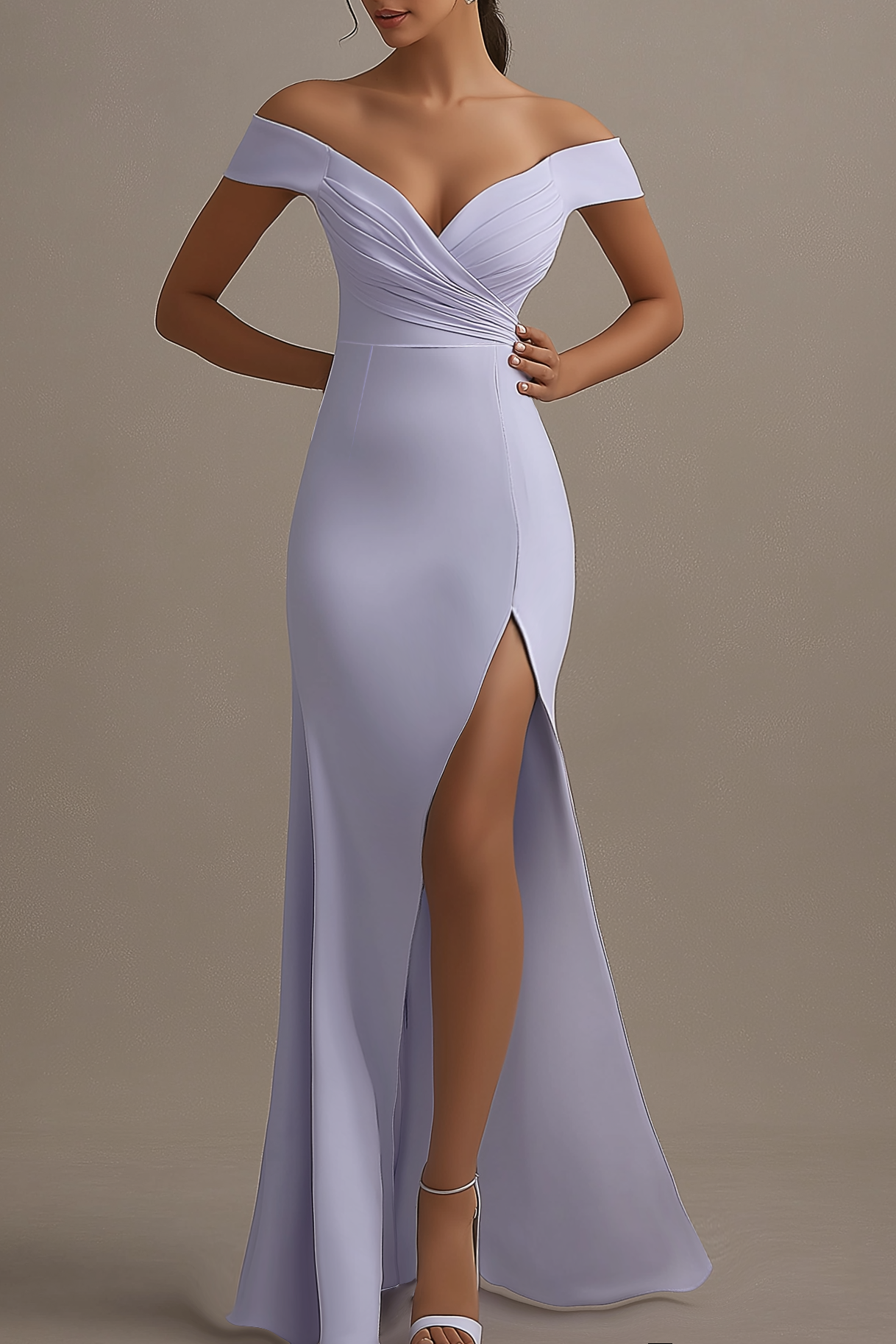 Wedding Guest Party Dress Lilac Off Shoulder High Split Floor-Length D