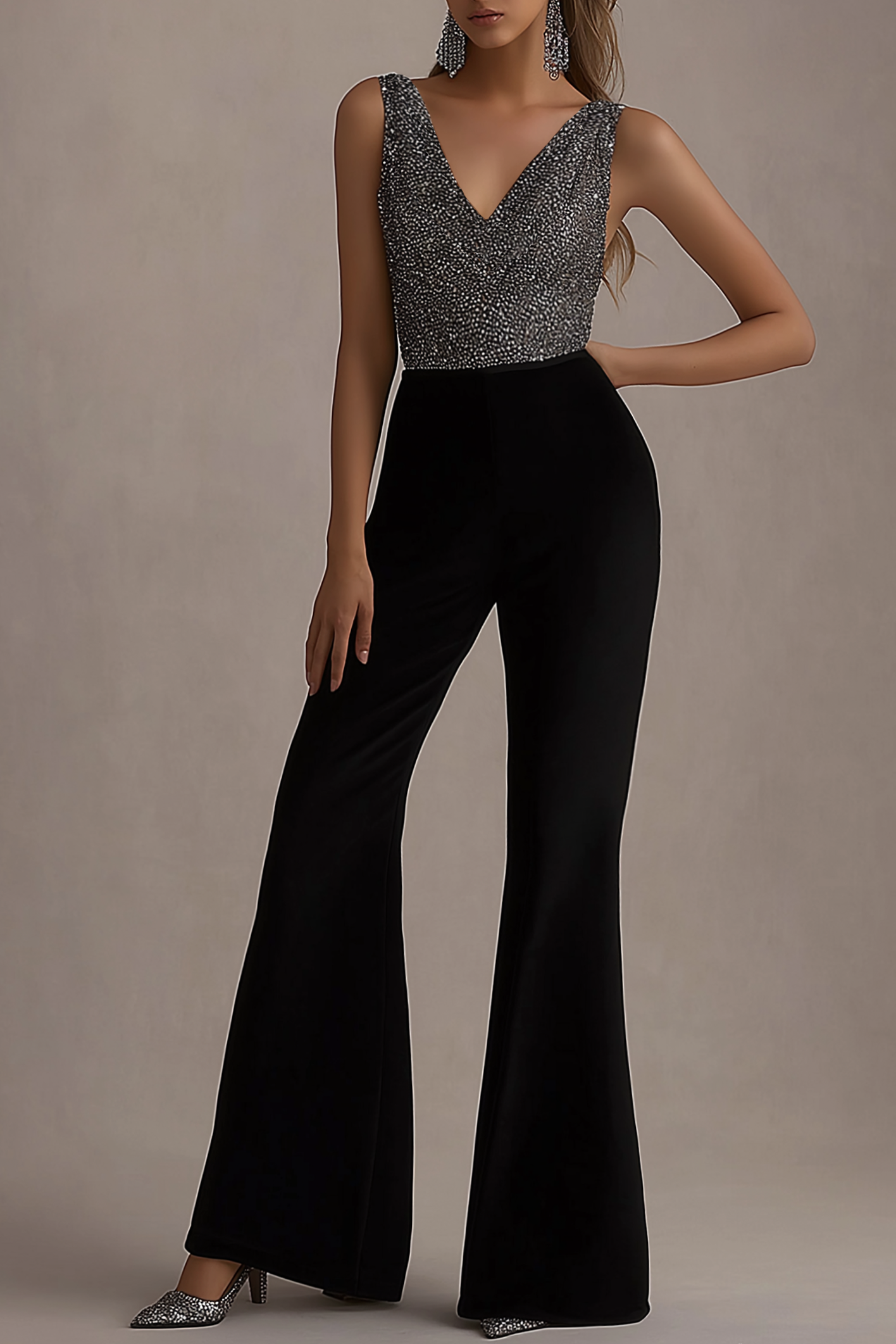 Cocktail Party Jumpsuit Silver Black V Neck Wide Leg Pants
