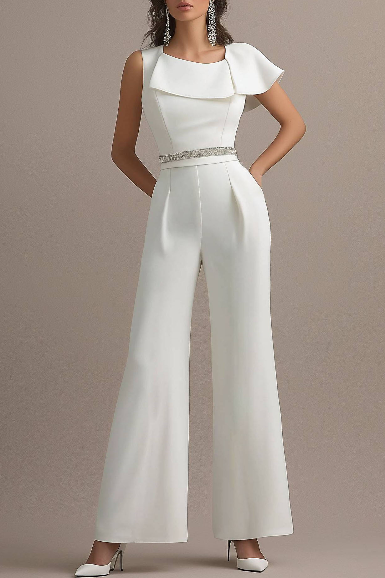 Evening Party Jumpsuit White One Shoulder Wide Leg Pants