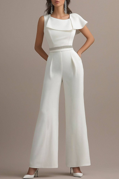 Evening Party Jumpsuit White One Shoulder Wide Leg Pants