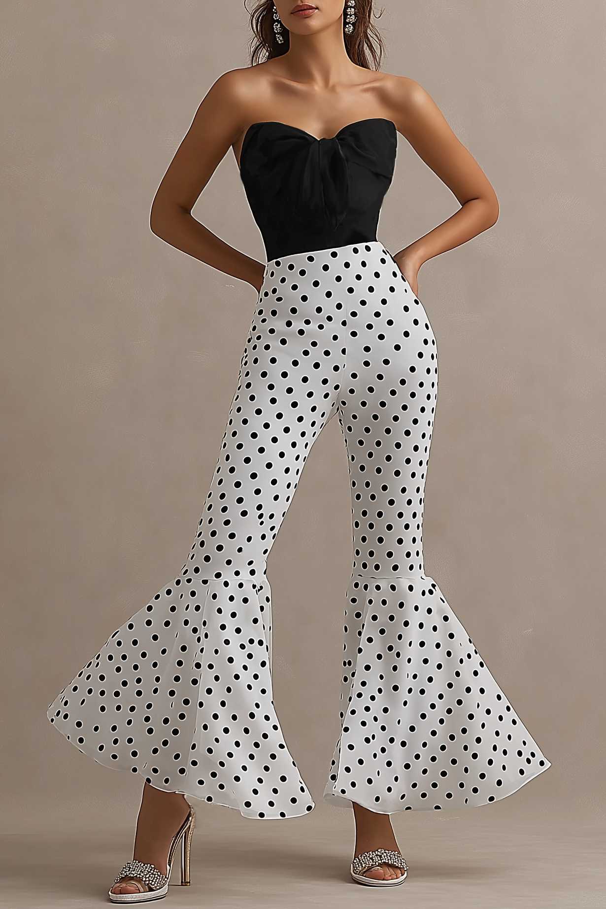 Cocktail Party Jumpsuit Black White Polka Dot Strapless Flared Pants