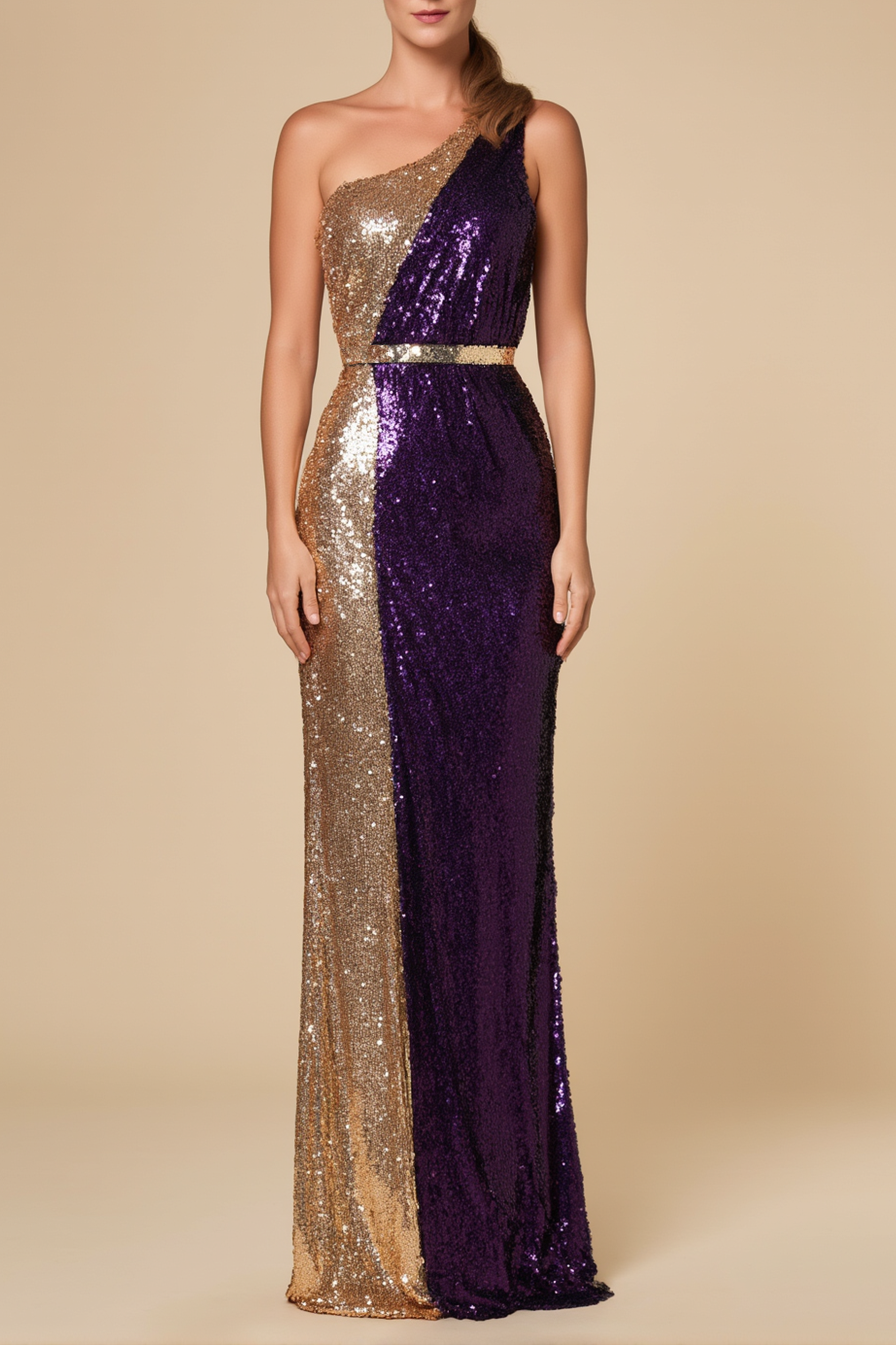 Evening Formal Sequin Dress Gold Purple One Shoulder Floor-Length Gown