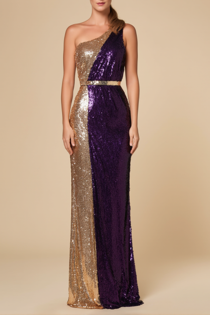 Evening Formal Sequin Dress Gold Purple One Shoulder Floor-Length Gown