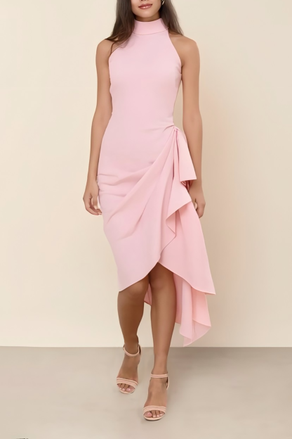 Cocktail Party Halter Dress Light Pink Asymmetrical Hem Midi Dress