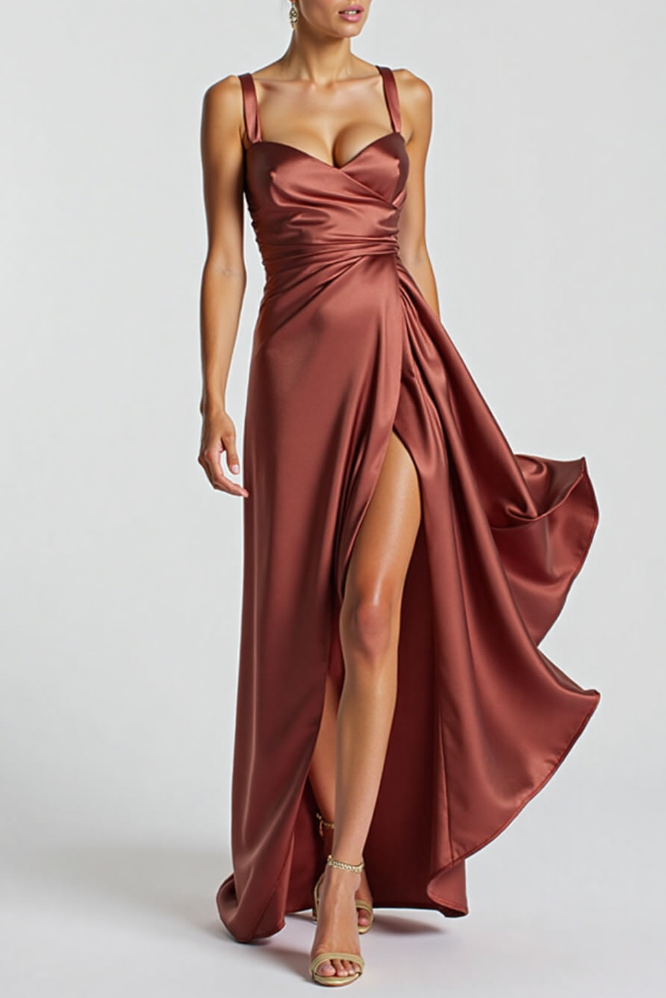 Formal Evening Dress Brown Satin High Split Floor-Length Gown