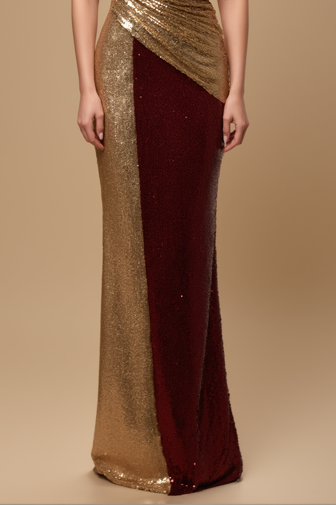 Evening Formal Dress Gold Red Sequin One Shoulder Floor-Length Dress