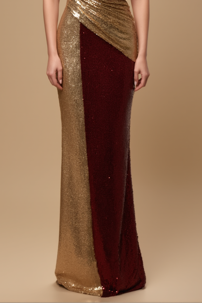 Evening Formal Dress Gold Red Sequin One Shoulder Floor-Length Dress