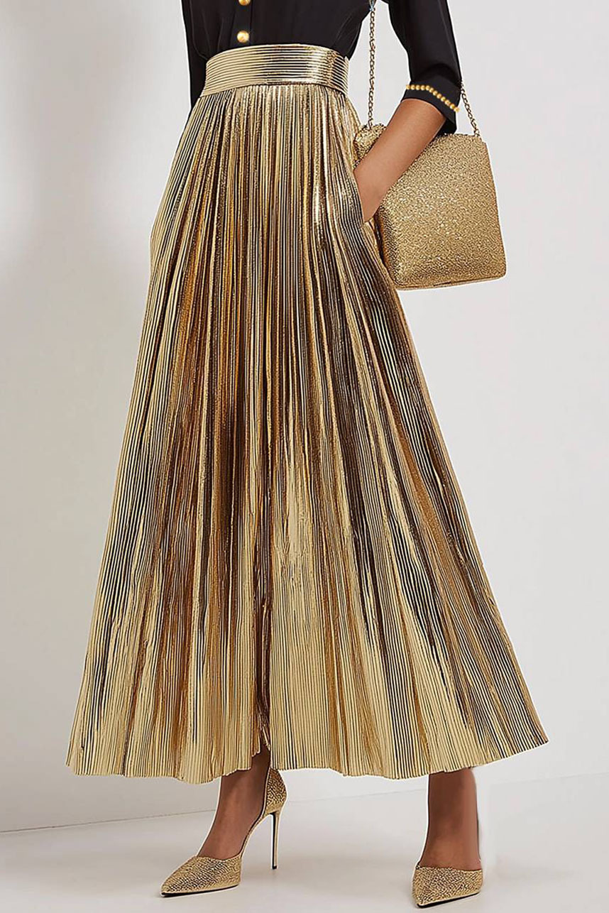 Work Daily Black Gold Dress Metallic Pleated Stand-Up Collar Maxi Dress