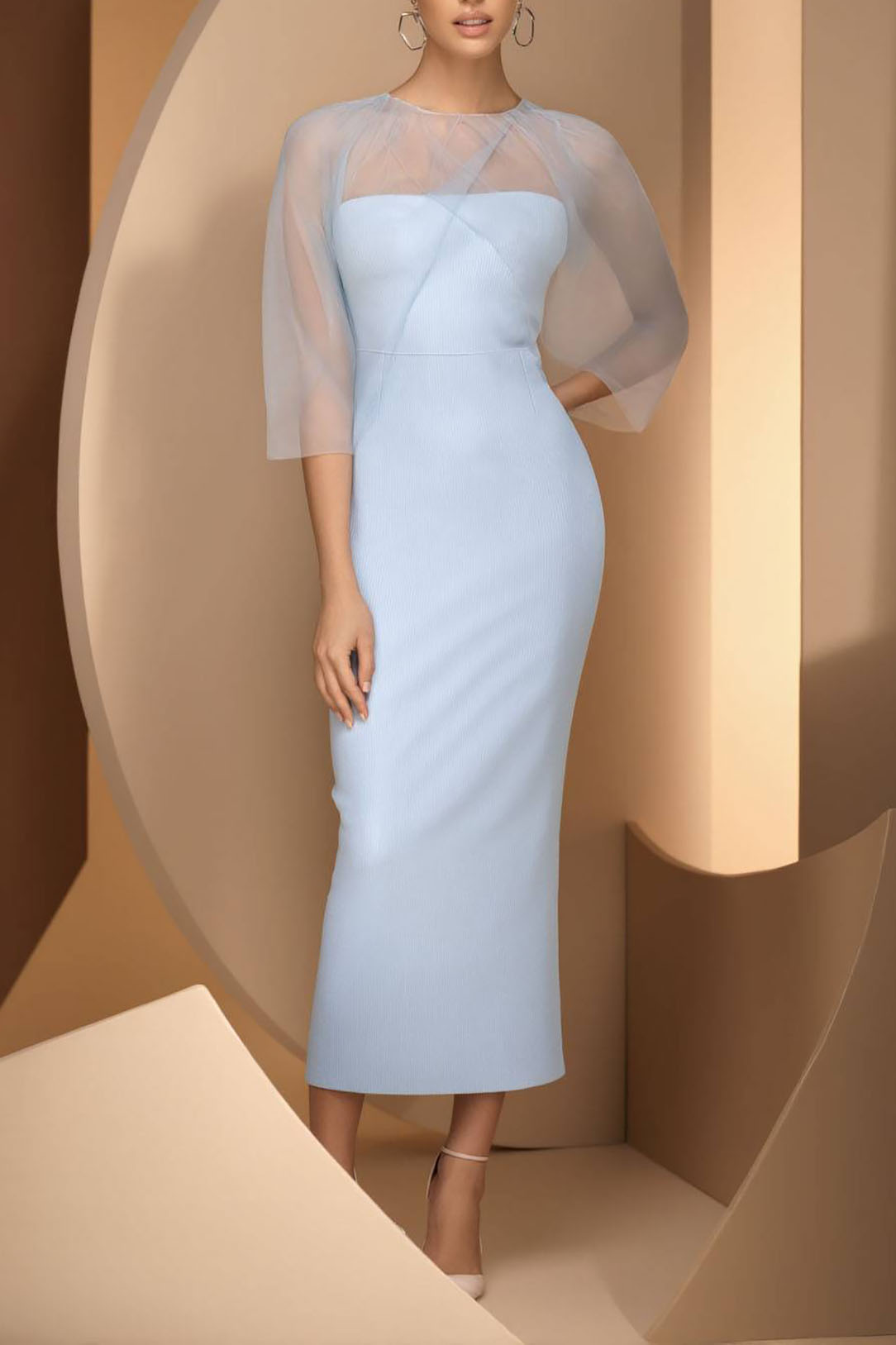 Wedding Guest Party Dress Light Blue Round Neck Tulle Bodycon Midi Dre