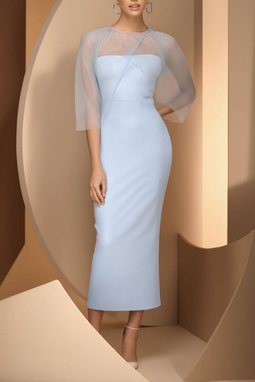 Wedding Guest Party Dress Light Blue Round Neck Tulle Bodycon Midi Dre