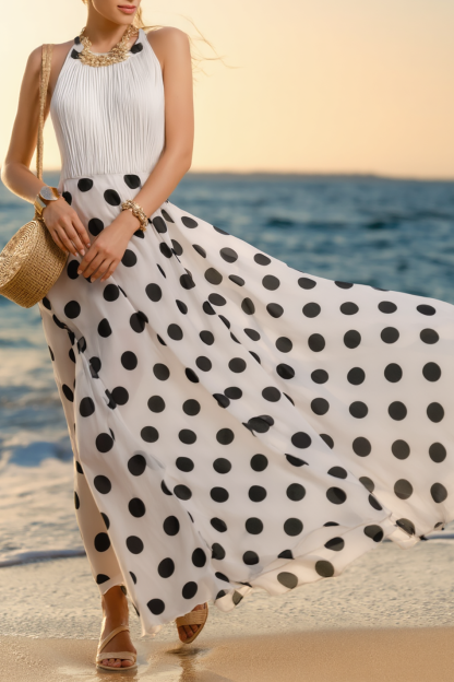 Vacation Halter Dress Black White Polka Dot Chiffon Ruffle Maxi Dress