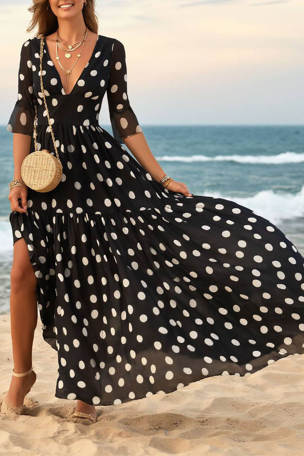 Vacation Casual Dress Black White Polka Dot V Neck Chiffon Maxi Dress