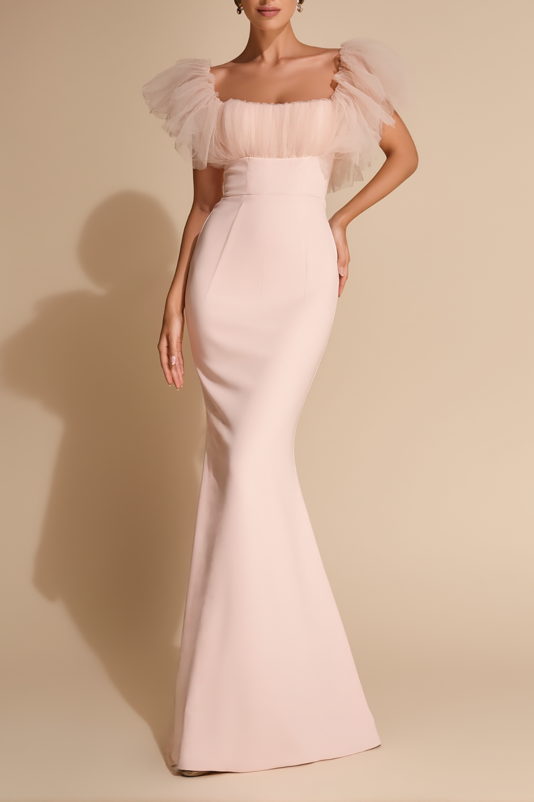 Evening Formal Gown Light Pink Off Shoulder Mermaid Floor-Length Dress