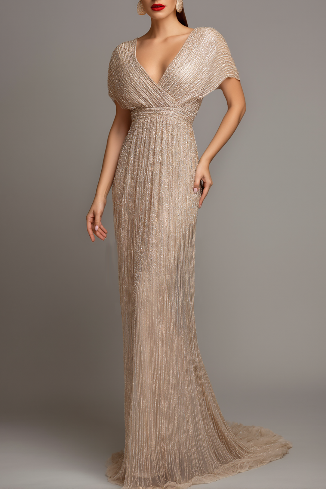 Evening Formal Gown Champagne Sequin Cross Neck Floor-Length Dress