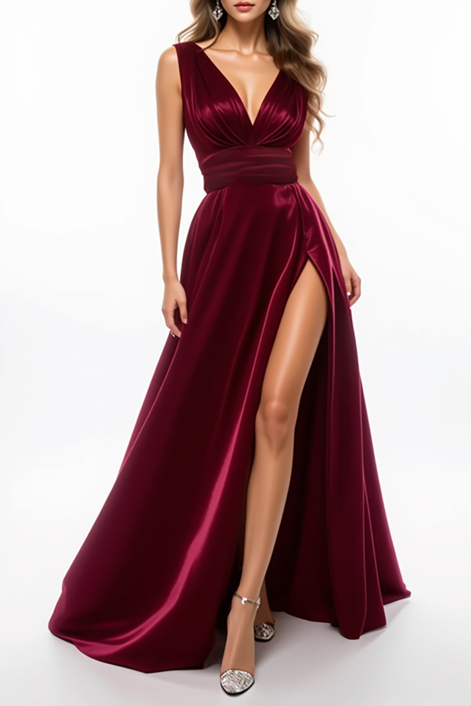 Evening Formal Gown Burgundy Deep V High Slit Floor-Length Dress