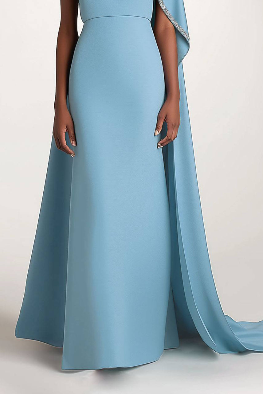 Elegant Evening One-Shoulder Dress Rhinestone Decorated Cape Asymmetrical Dress