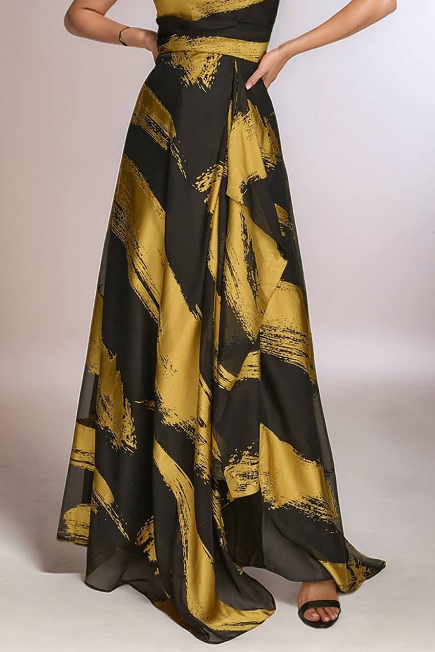 Party Sleeveless Dress Black and Gold Printed Drape Design Maxi Dress