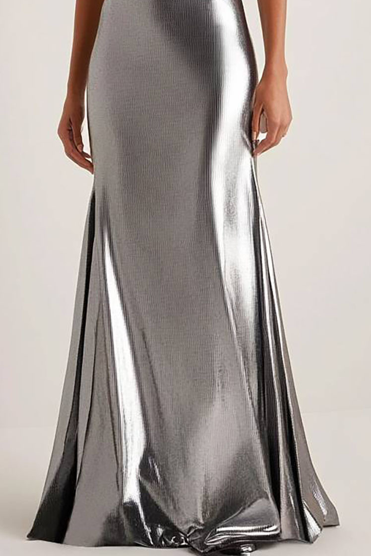 Evening Party Dress Silver Spaghetti Strap Metallic Floor-Length Gown