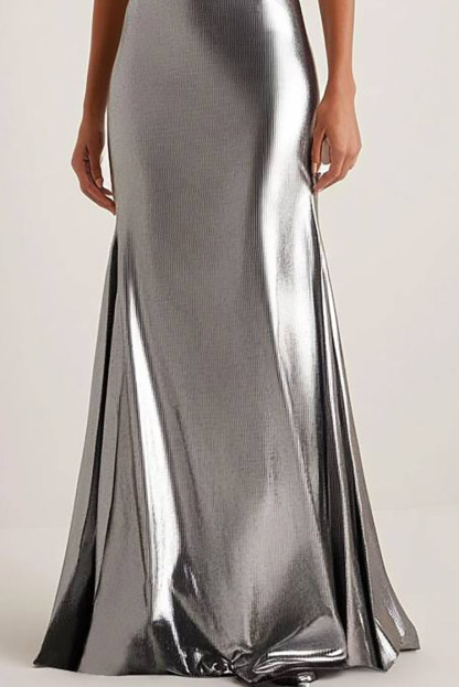 Evening Party Dress Silver Spaghetti Strap Metallic Floor-Length Gown