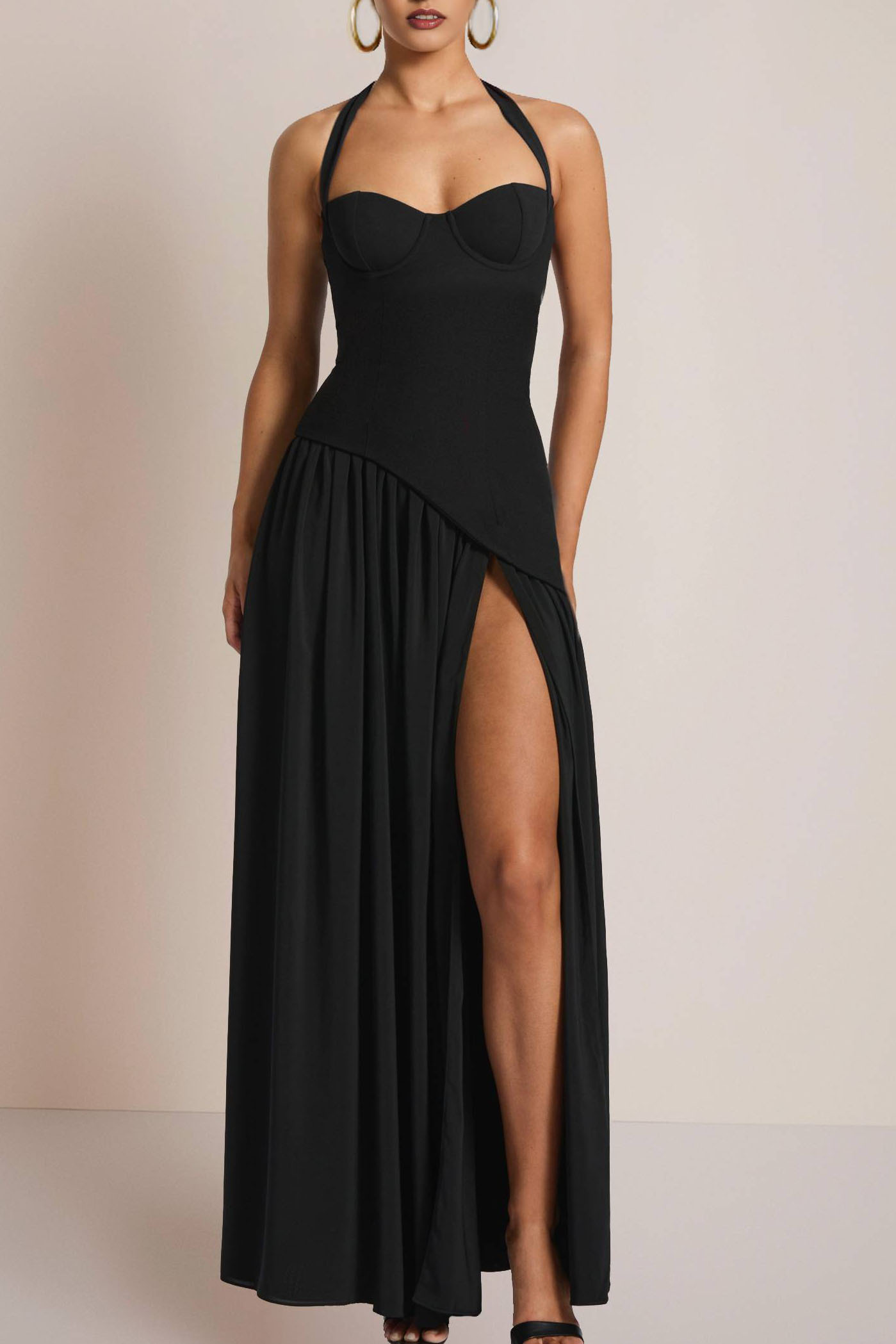 Formal Party Halter Dress Black High Split Maxi Gown