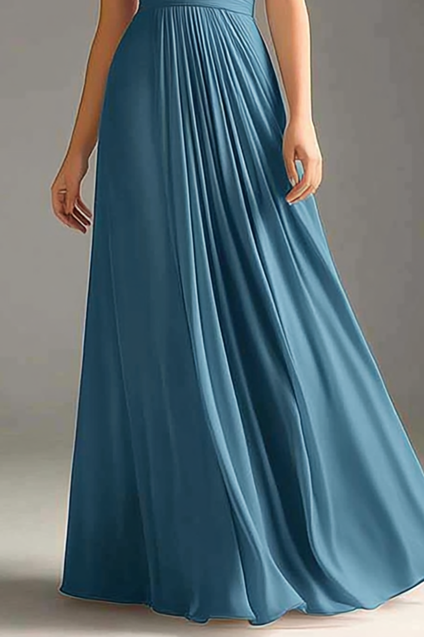Formal Evening Dress Blue Spaghetti Strap Ruched Floor-Length Gown