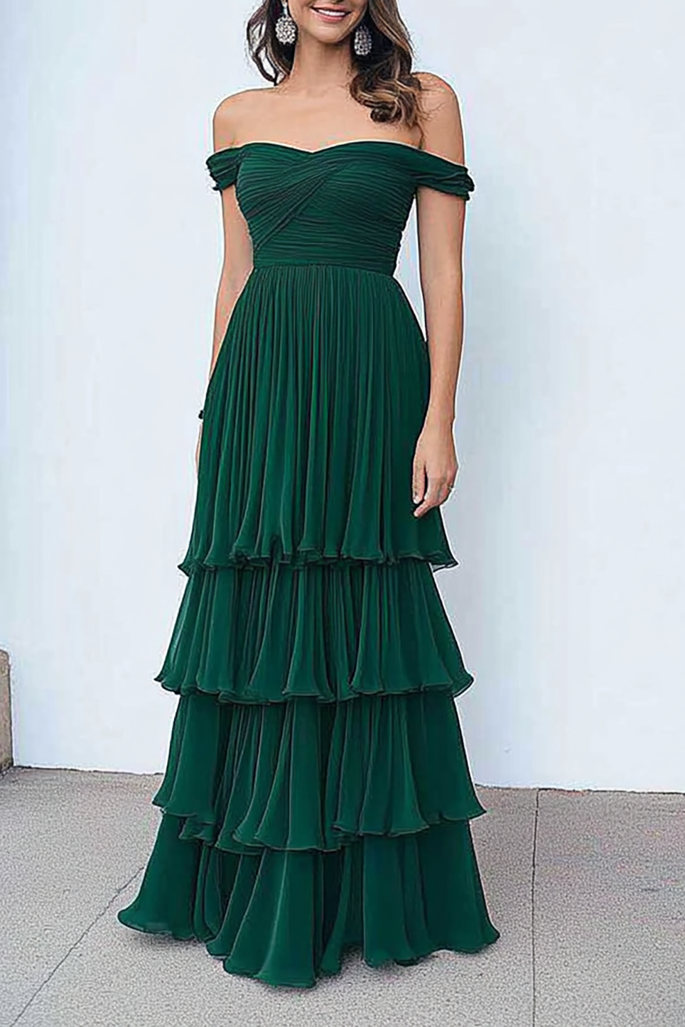 Prom Tiered Dress Green Off Shoulder Ruched Chiffon Floor-Length Gown