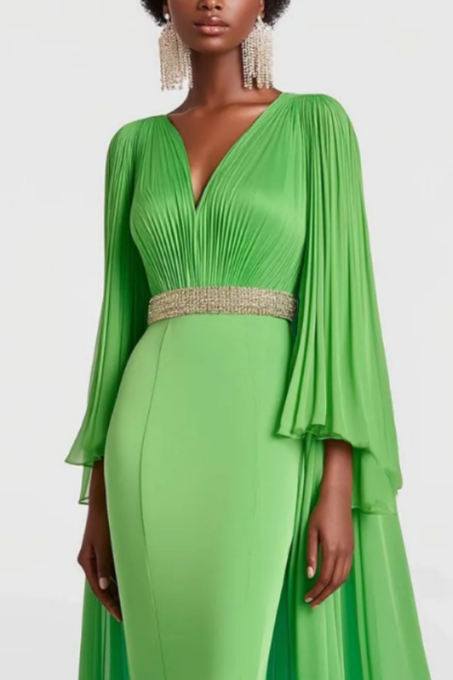 Evening Formal Dress Cape Long Sleeve Rhinestone Waistband V-Neck Maxi Dress