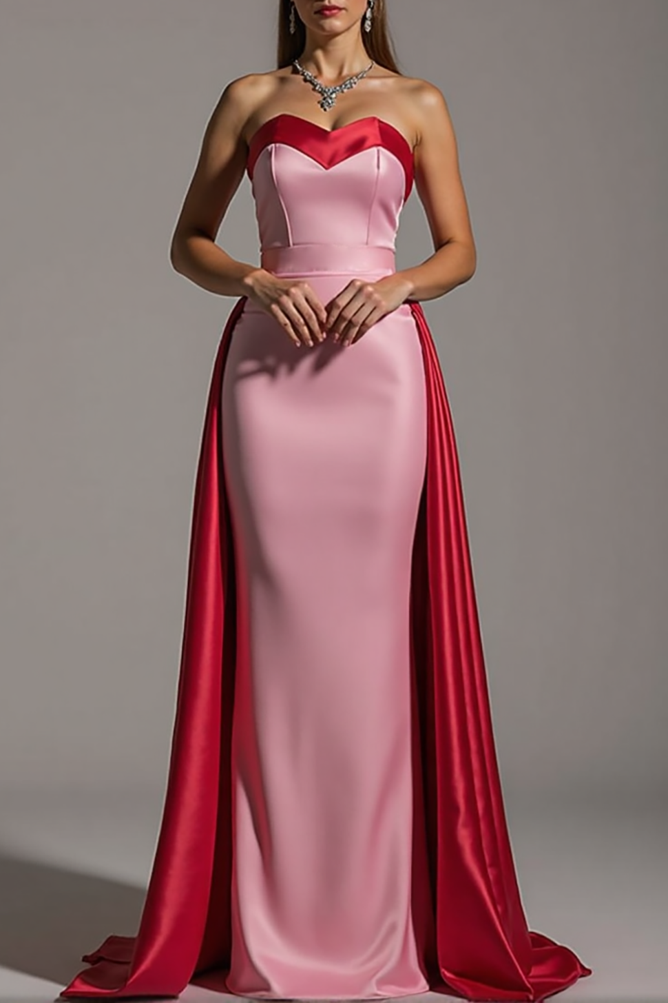 Formal Evening Strapless Dress Red Pink Satin Bodycon Train Gown