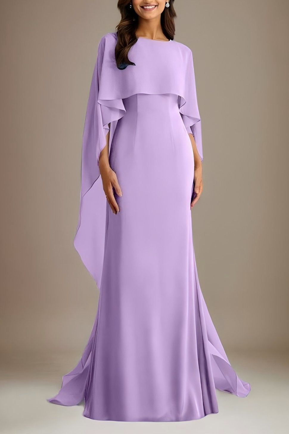 Formal Evening Dress Purple Round Neck Cape Chiffon Floor-Length Gown