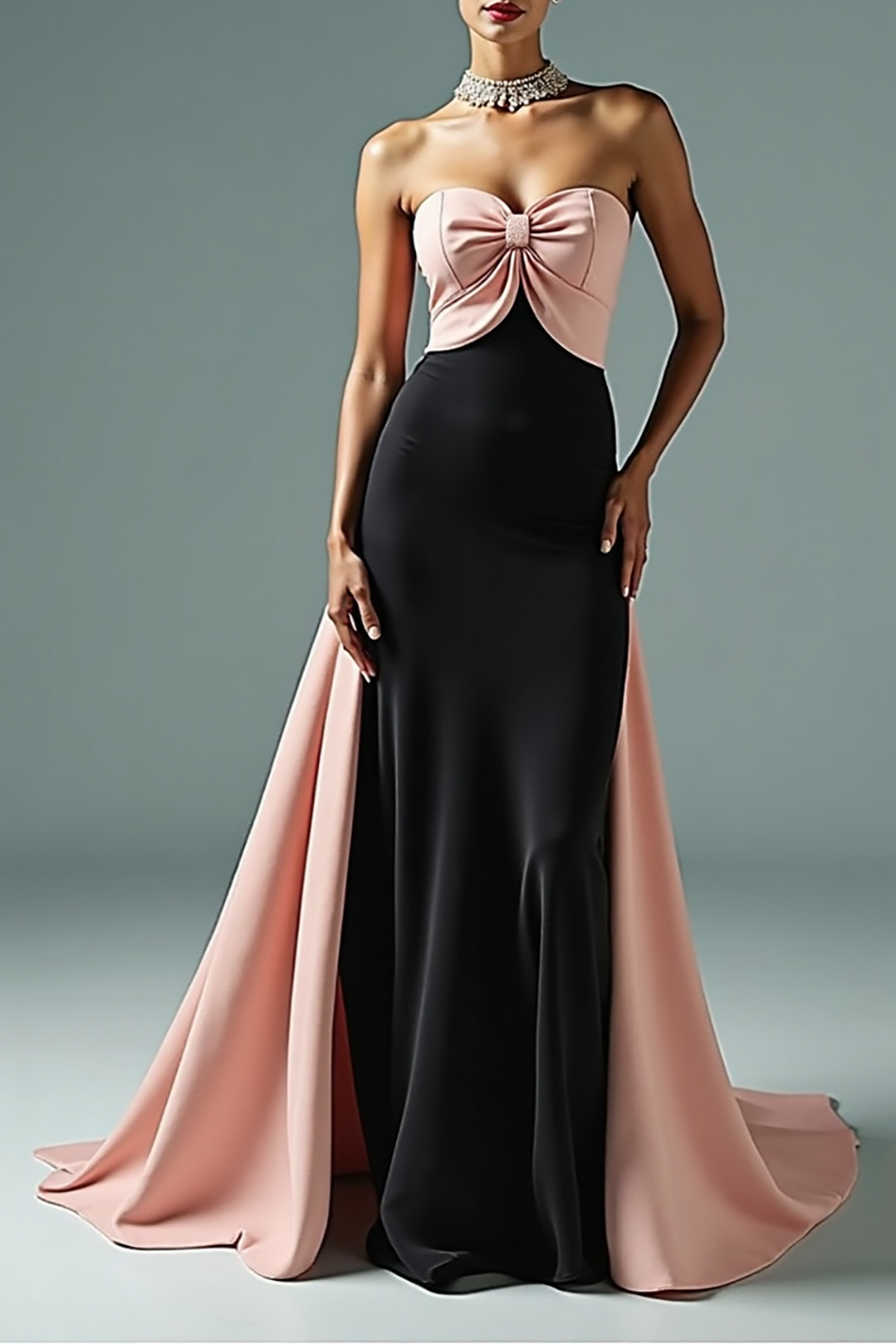 Formal Evening Strapless Dress Black Pink Twist Train Gown