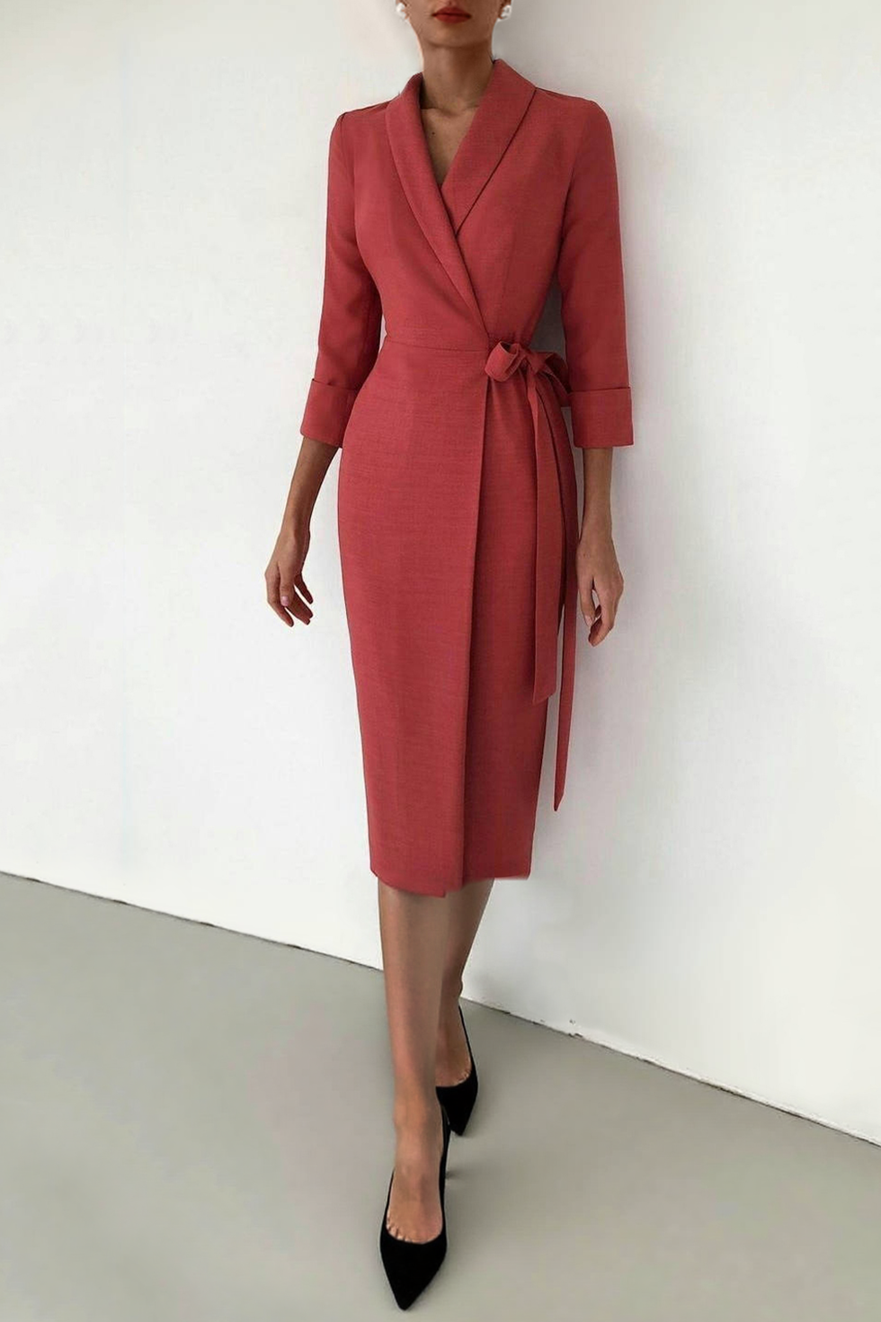 Work Blazer Dress Red Tie Waist Lapel Knee-Length Dress
