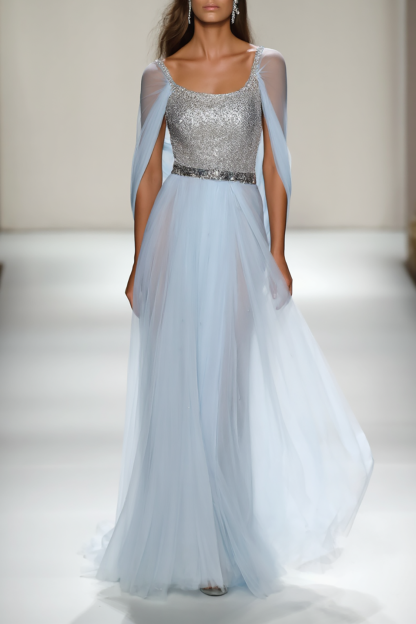 Evening Formal Dress Light Blue Mesh Sequin Floor-Length Gown