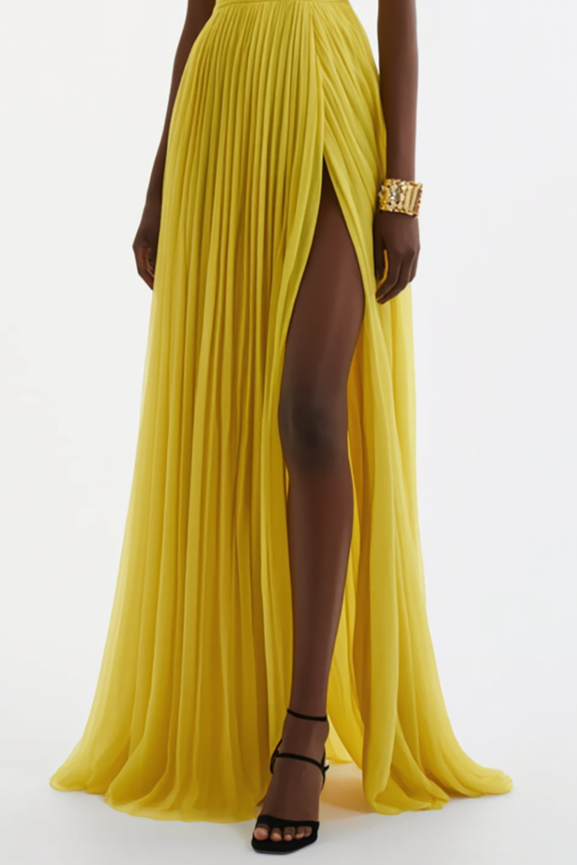 Evening Formal Dress Yellow One Shoulder Pleated Floor-Length Gown